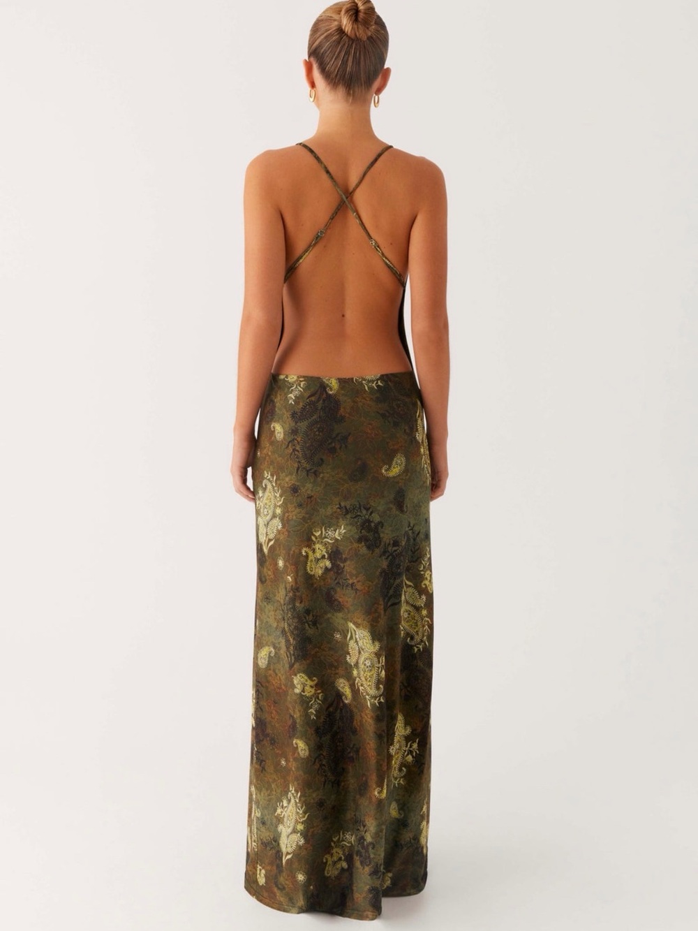 NWT Peppermayo Olive Green Paisley Cowl Maxi Dress Open Back Size 6 - Picture 2 of 4